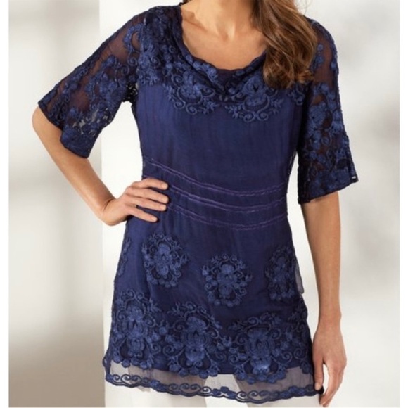 Soft Surroundings Tops - Soft Surroundings Silk Embroidered Tessa Tunic Top in Nautical Navy